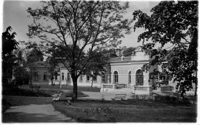 Archive photograph of the spa pavilion seen across the park lawn