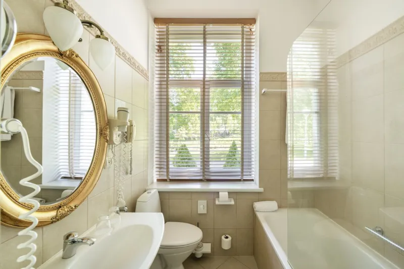 Bathroom with a gilded oval mirror over the basin, toilet and bath beneath a window looking onto trees