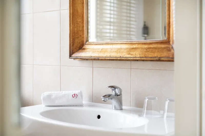 Rolled white towel with a small red emblem resting on a basin below a gilded framed mirror