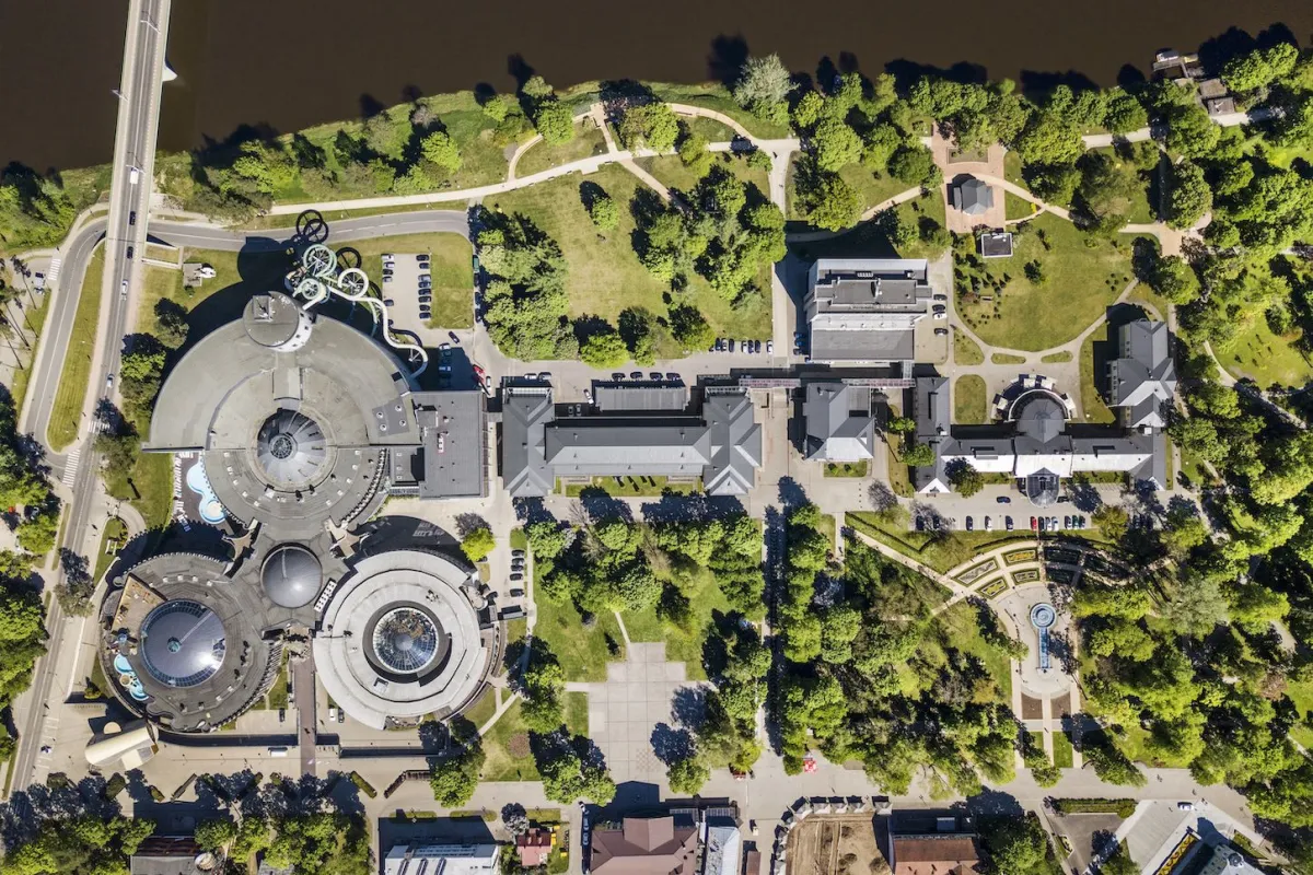 Aerial view of the spa complex and park beside the river