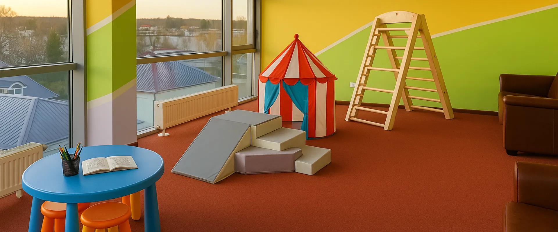Children's playroom with a toy tent, climbing frame and low table by the window