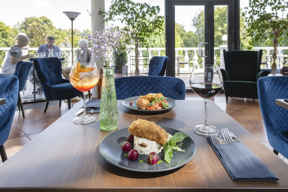 Two plated dishes with a spritz and a glass of red wine on a terrace table